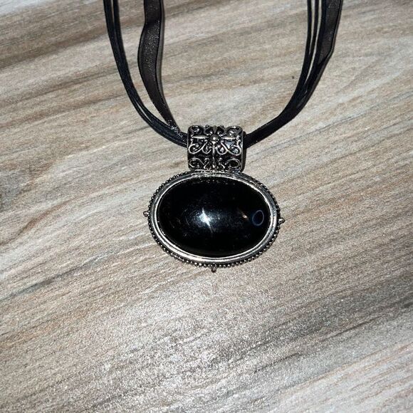Large Black Medallion ￼ Silver Tone On Black Cord - Picture 1 of 6